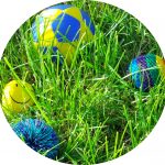 Foto: einige bunte, lustige Spiel-Bälle im Gras